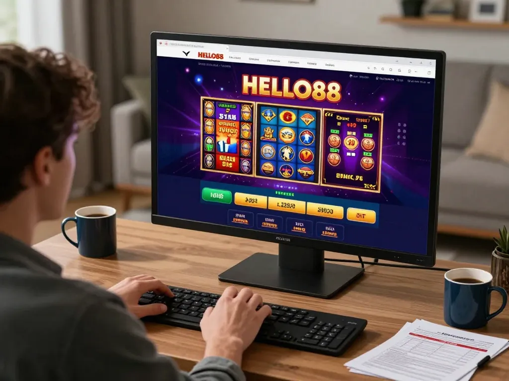 Person engaging with HELLO88 casino interface showcasing diverse gaming options at home