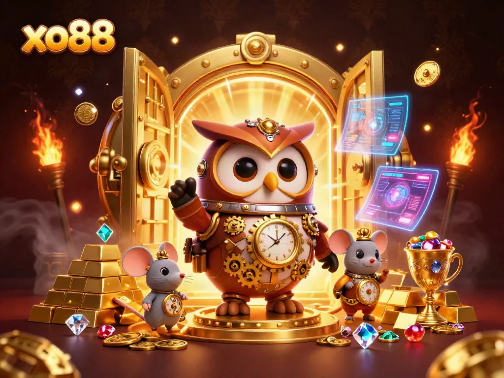 Engage with the thrilling world of xo88 through this animated casino scene featuring a time-traveler owl and a wealth of treasures.