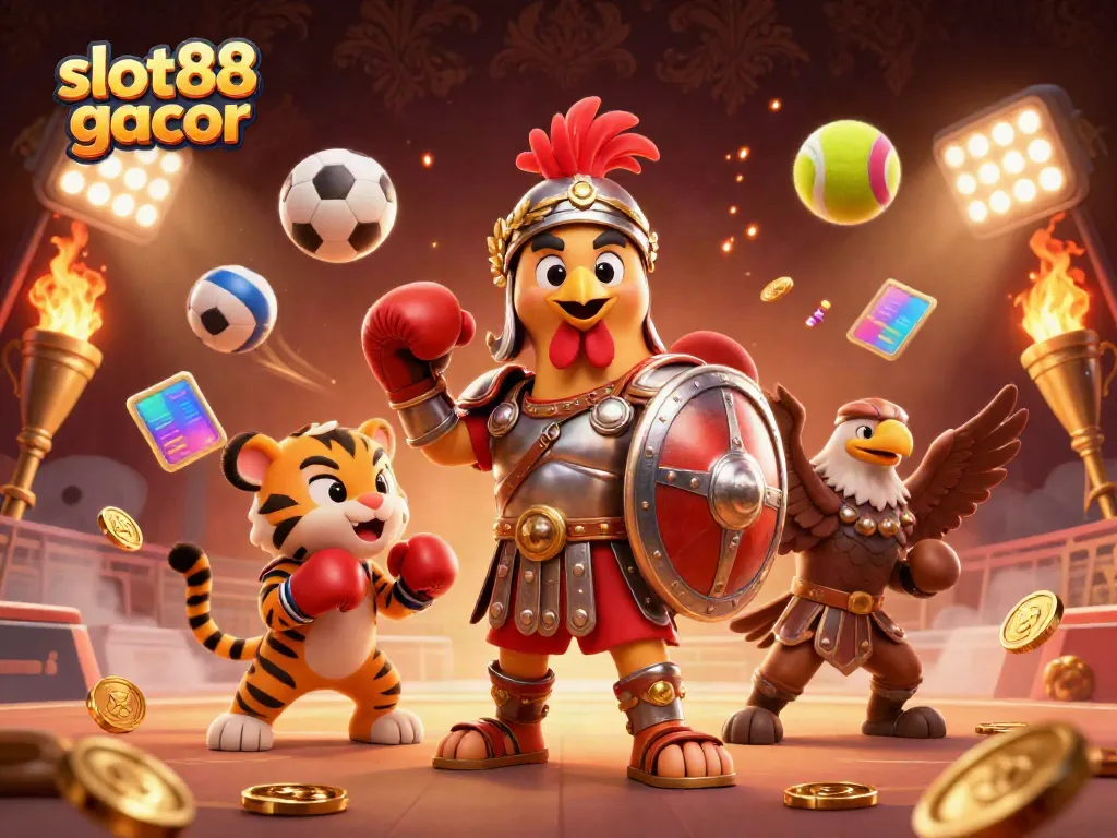 Slot88 gacor menampilkan ilustrasi 3D kartun ayam jantan gladiator berperang di arena, dikelilingi bola olahraga dan elemen taruhan.