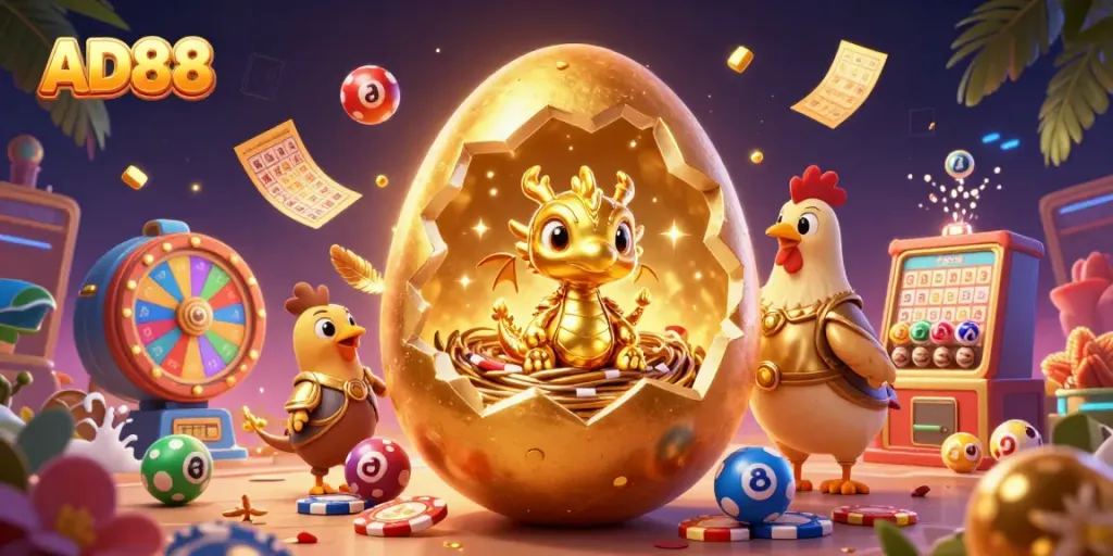 Experience AD88's dazzling gaming world with a golden dragon and poker chips, surrounded by vibrant casino elements.