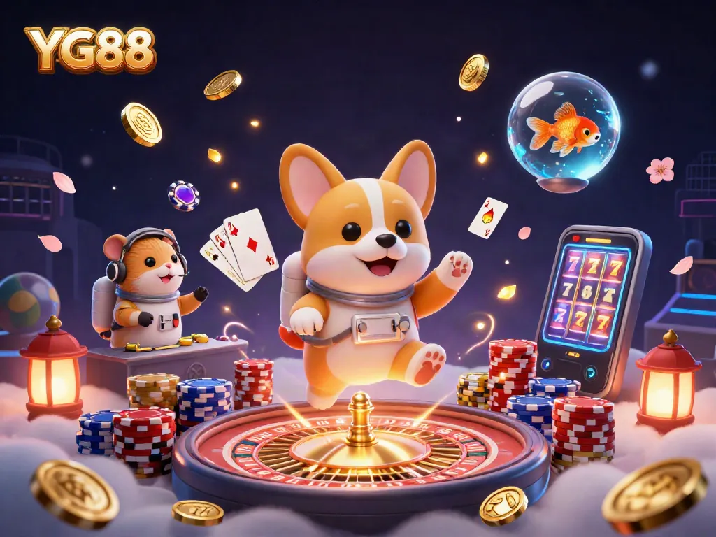 Experience thrilling gaming at YG88 with a vibrant 3D illustration of a casino scene featuring a Corgi astronaut.