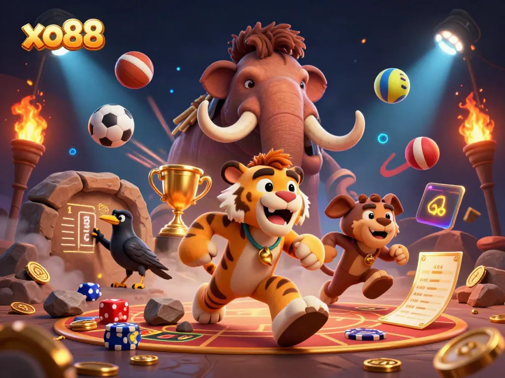 Experience excitement at xo88 with a dynamic prehistoric casino scene featuring animated characters and vibrant gaming elements.