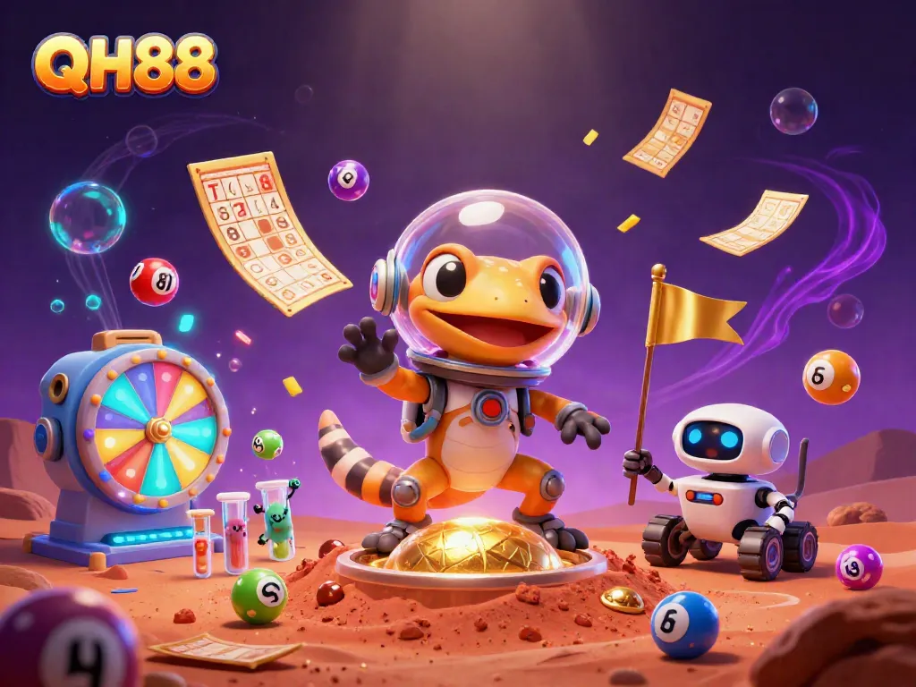 Engage with QH88 as a Martian gecko discovers a golden casino amidst vibrant lottery elements.