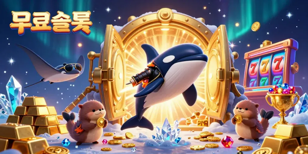 Experience 무료슬롯 with a dynamic casino scene featuring vibrant characters and treasures.