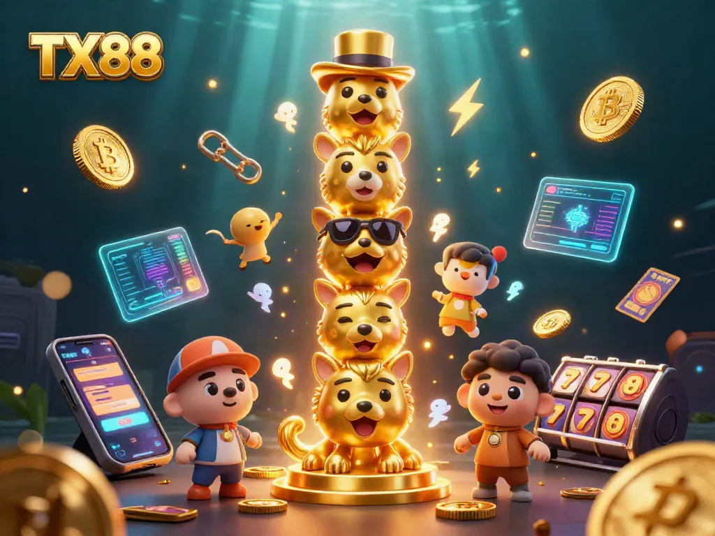 Engage with TX88's vibrant casino slots experience featuring a dynamic totem pole and bright gaming elements.