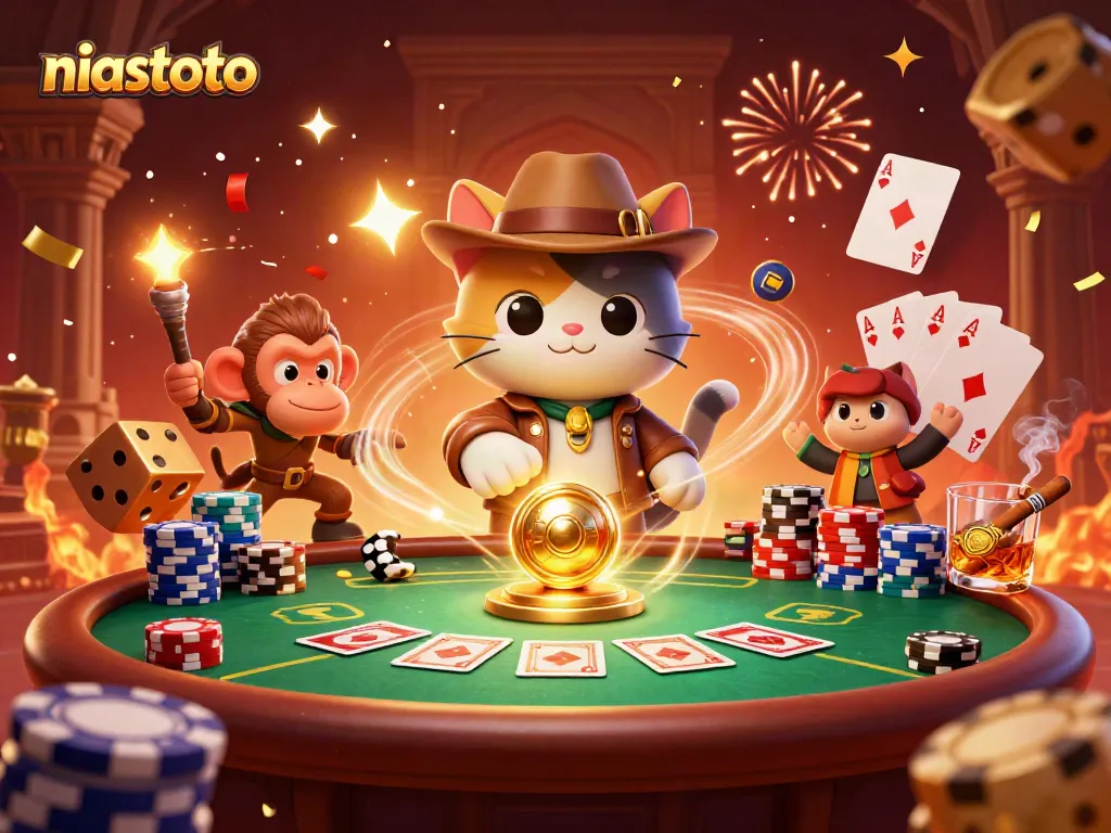 Gambarlah karakter niastoto cat arkeolog menemukan artefak kasino dengan elemen judi