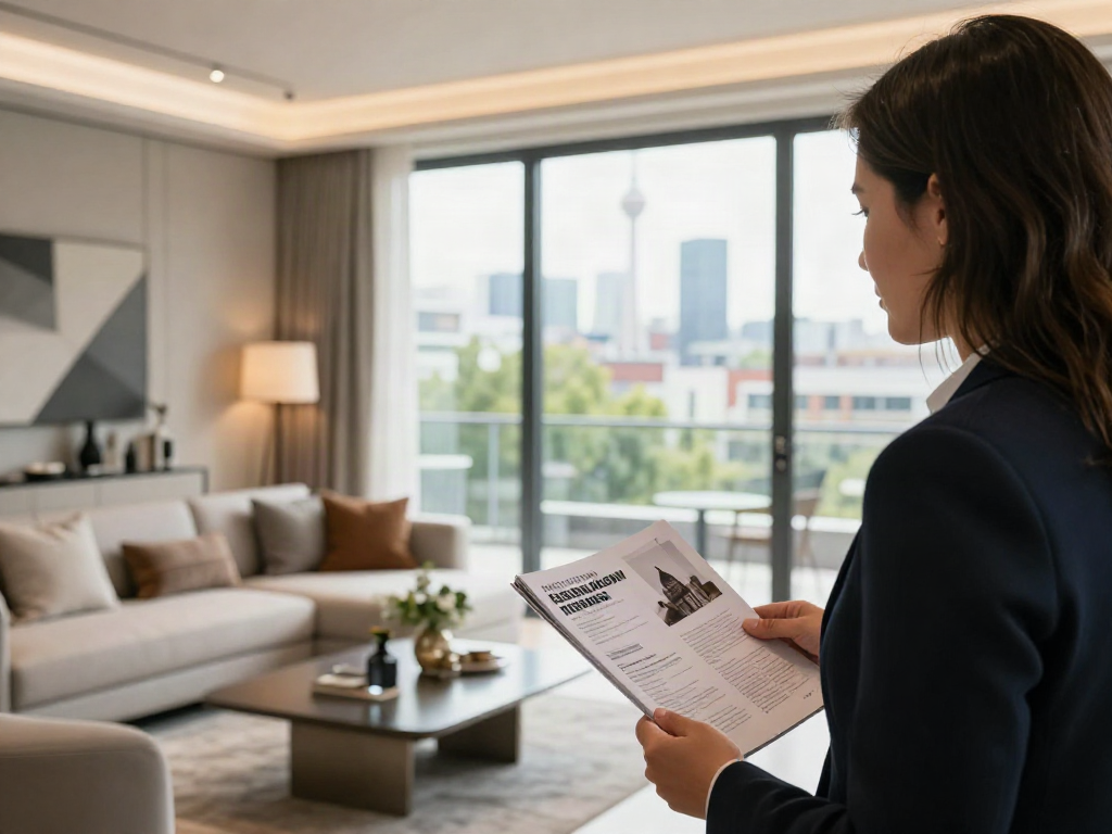 Immobilienmakler Düsseldorf präsentiert luxuriöse Wohnung mit Stadtblick und moderner Einrichtung.