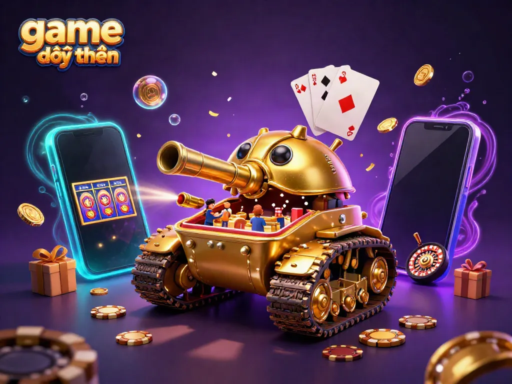 Experience game đổi thưởng excitement with a vibrant casino-themed 3D illustration featuring golden beetle tank and slot games.