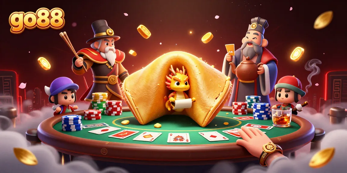 Engage in thrilling go88 poker games with dynamic dragon guardians and golden fortune cookie in a vibrant casino scene.