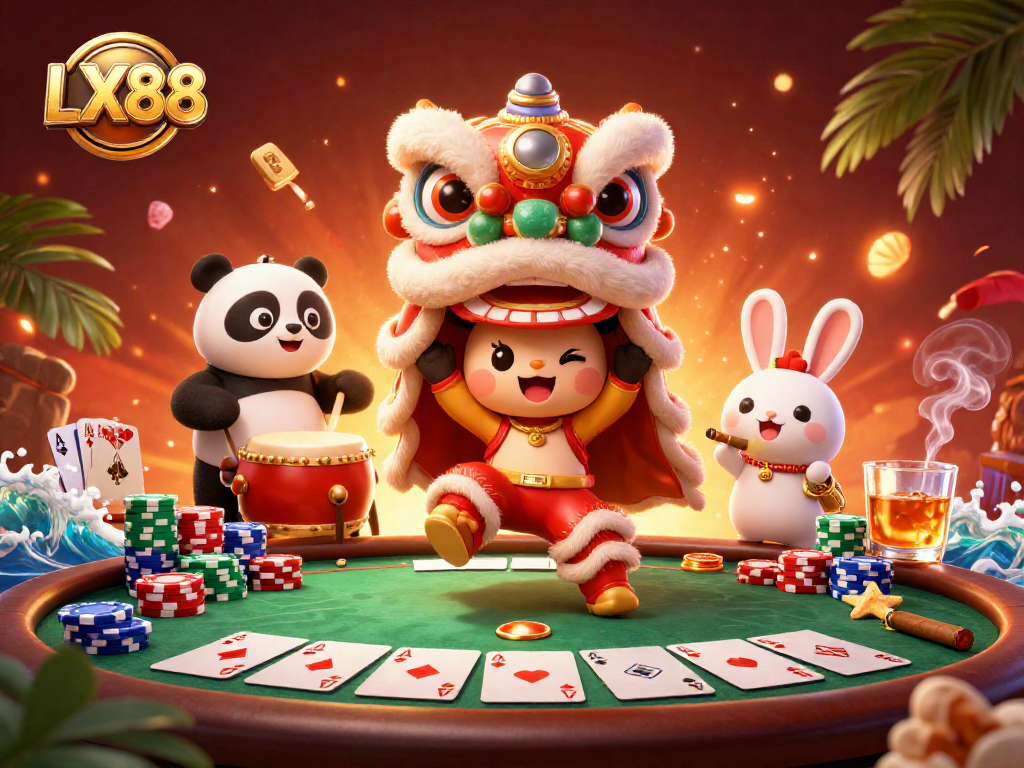 Engage in excitement at LX88 with vibrant 3D illustration showcasing gambling action and celebration.