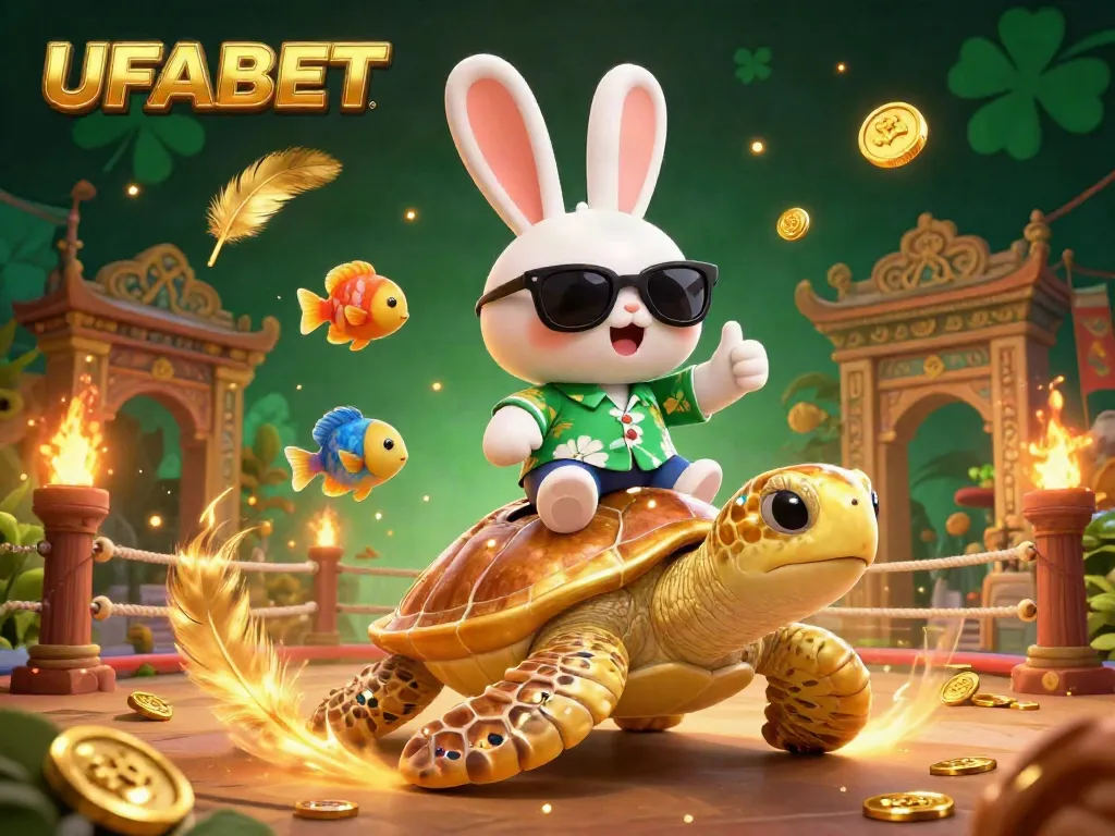 Engage in thrilling bets with UFABET on a whimsical casino adventure featuring a lucky rabbit and a golden turtle.