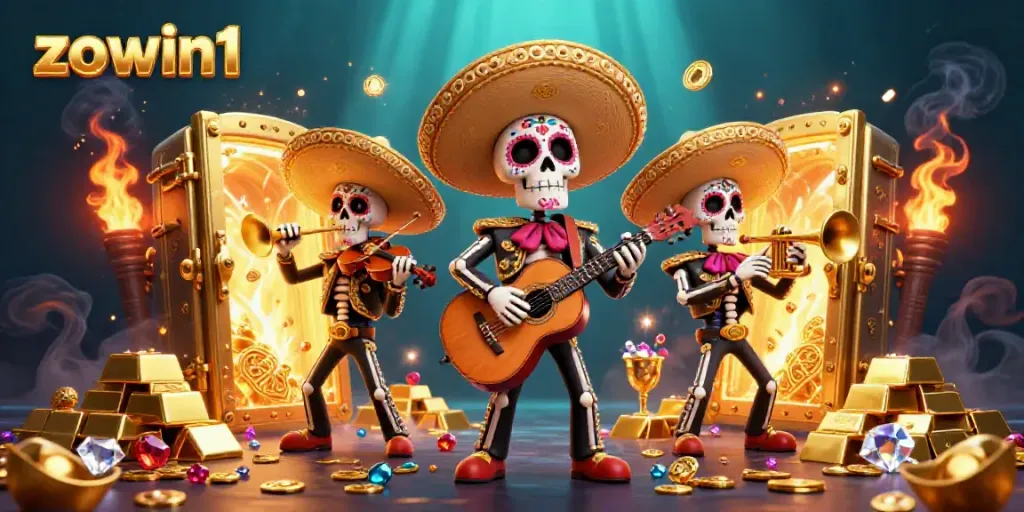 Join the fun at zowin1 with vibrant mariachi skeletons celebrating around a treasure vault!