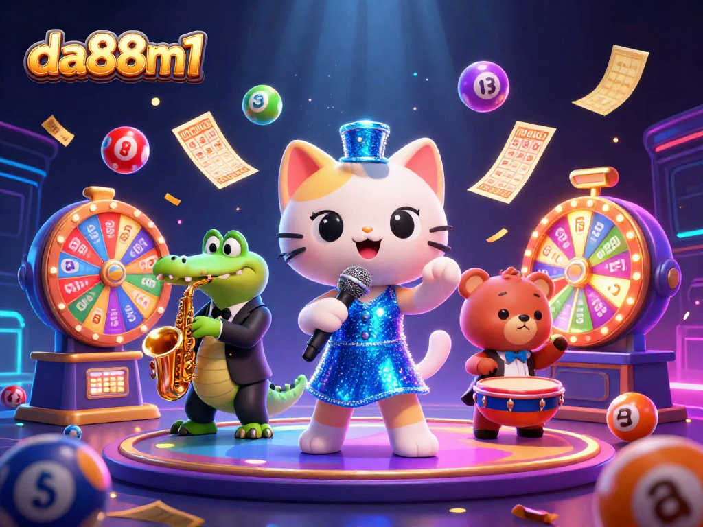 Join the excitement at da88m1 with colorful lottery balls bouncing and vibrant casino characters alive on stage.