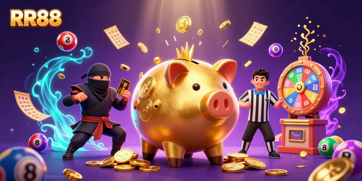RR88 showcases a dynamic cartoon scene with a golden sumo wrestler and gaming elements.