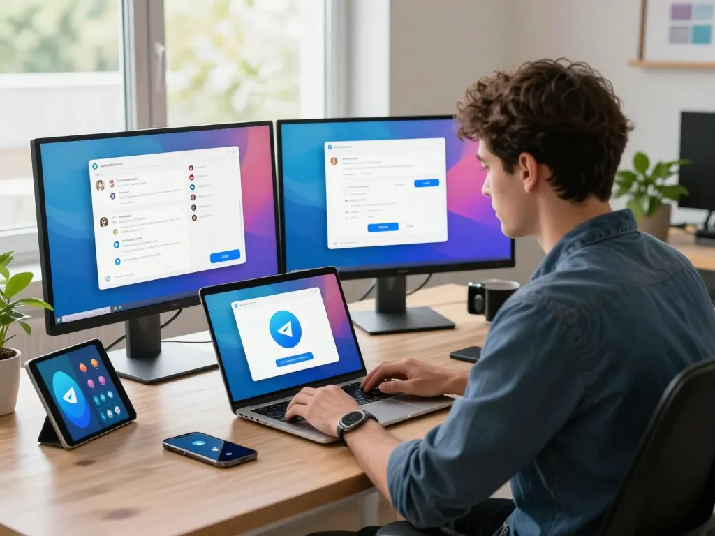 Downloading telegram 下载 on a MacBook in a modern workspace with vibrant visuals of the app interface.