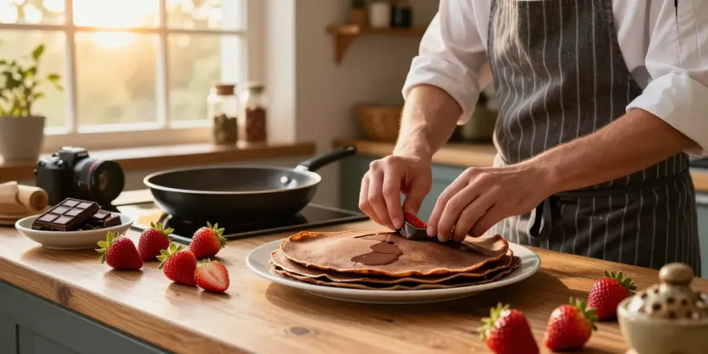 Delicious chocolate crepes preparation scene at rokok88.