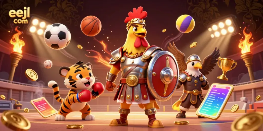 Experience the excitement of eejl com with a dynamic casino battle scene featuring characters and casino elements.