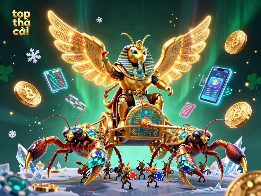 Engage with top nhà cái in a vibrant 3D illustration of a golden scarab beetle and scorpions amidst crypto gaming elements.