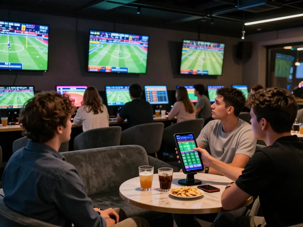 Engaged sports fans placing bets on go8.onl in a lively betting lounge atmosphere.