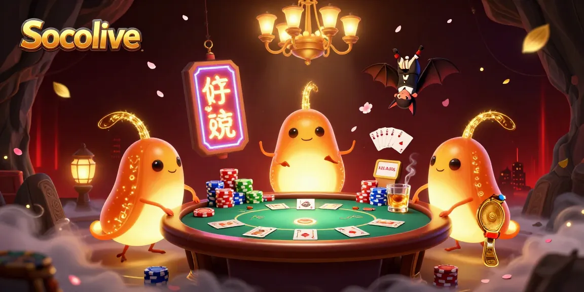 Socolive illuminates an engaging poker scene with vibrant glowworms and dynamic casino elements.