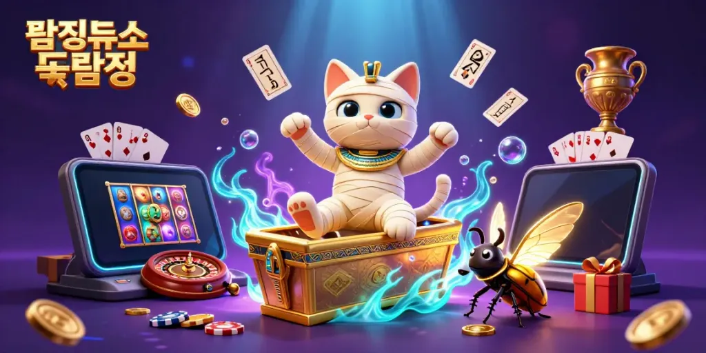 Engaging casino scene showcasing 탐정사무소 굿탐정 with a cartoon Egyptian mummy cat, golden coins, and glowing cards enhancing the atmosphere.