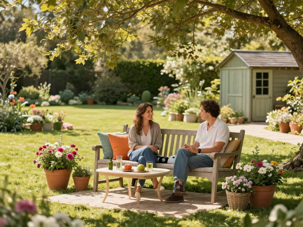 Charles Taylor Garden Seating in a tranquil garden setting with a couple relaxing.
