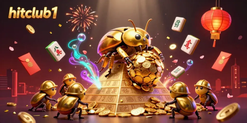 Engage with hitclub1 through an enchanting scene of golden beetles depicting a vibrant casino atmosphere.