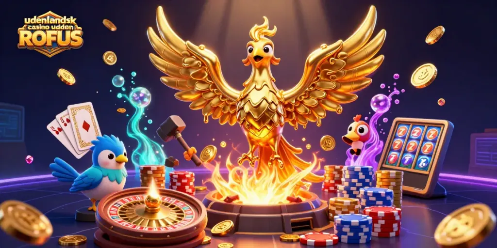 Experience the excitement of udenlandsk casino uden ROFUS with floating golden coins and vibrant game elements.
