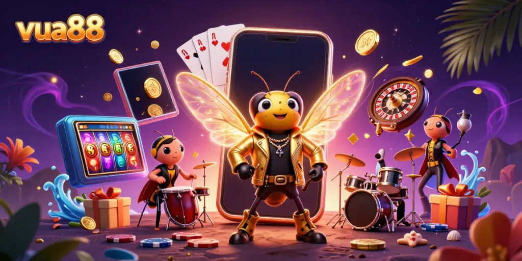 Engage with the vibrant world of vua88 as a rock star cicada and band perform amidst slot games and casino elements.