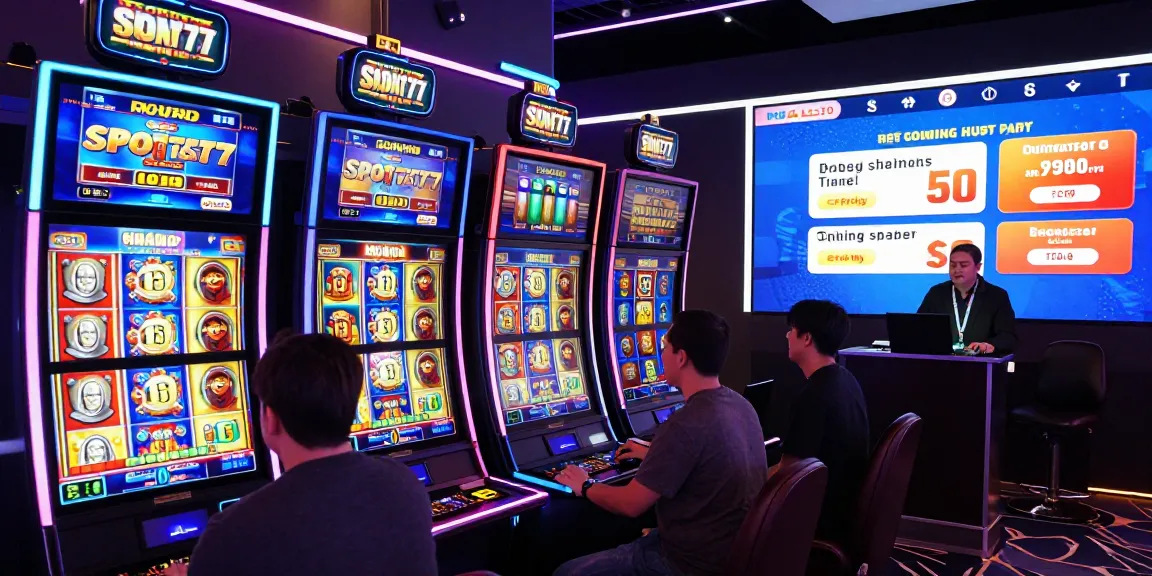 Permainan Slot777 dengan grafis mesin slot warna-warni, pemain terlibat dalam suasana kasino online yang dinamis.