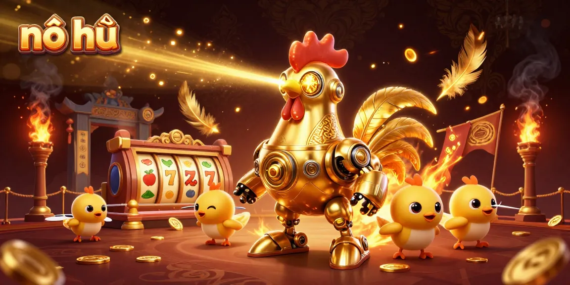 Nổ hũ brings excitement with a futuristic rooster robot and baby chick drones in a vibrant casino atmosphere.