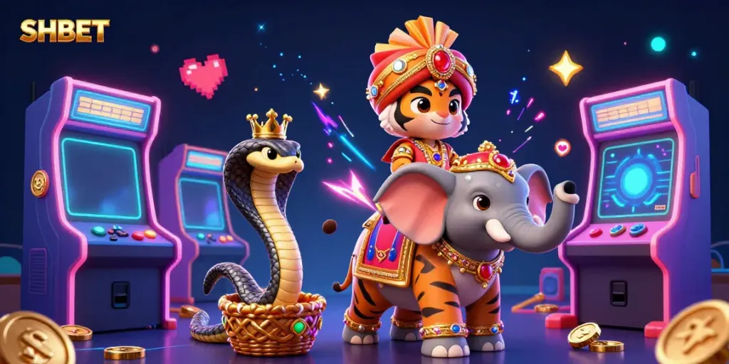 Experience the magic of SHBET with a vibrant 3D casino scene featuring an elephant, tiger, and cobra.