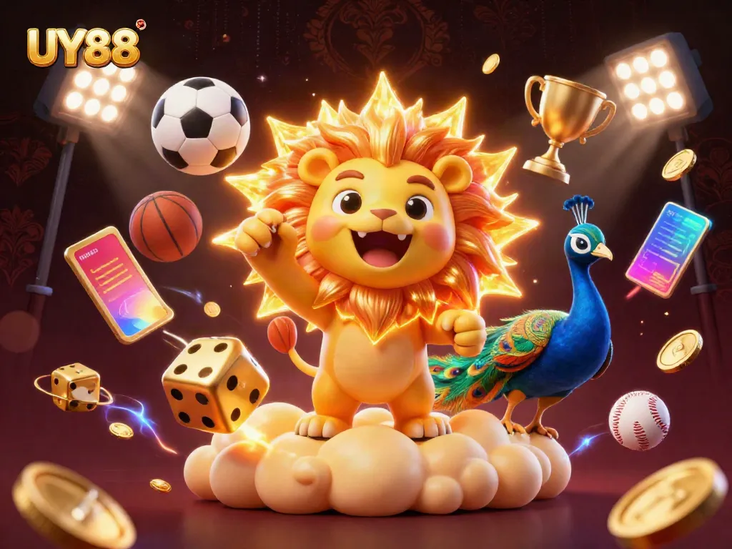 Experience thrilling wins at UY88 with vibrant gaming elements and a triumphant lion.
