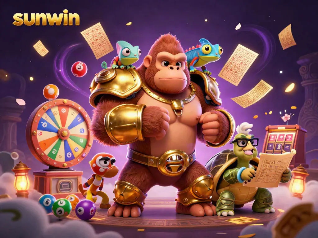Engage in thrilling gaming moments with sunwin, featuring a gorilla king and chameleon in a vibrant casino scene.