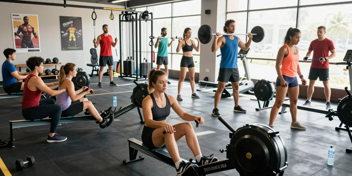 Aktive Sportler im Prime Pharma Shop Fitnessstudio, die an verschiedenen Trainingsgeräten arbeiten und Motivation ausstrahlen.