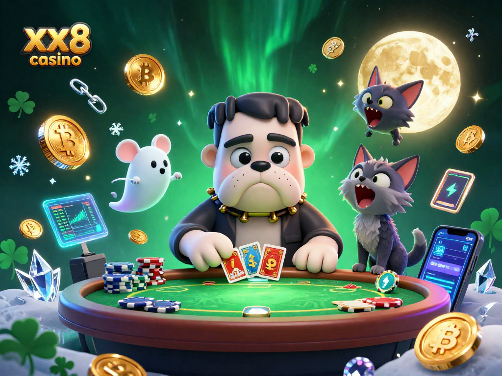 Experience the thrill at xx8 casino with a vibrant poker scene featuring unique characters and crypto elements.