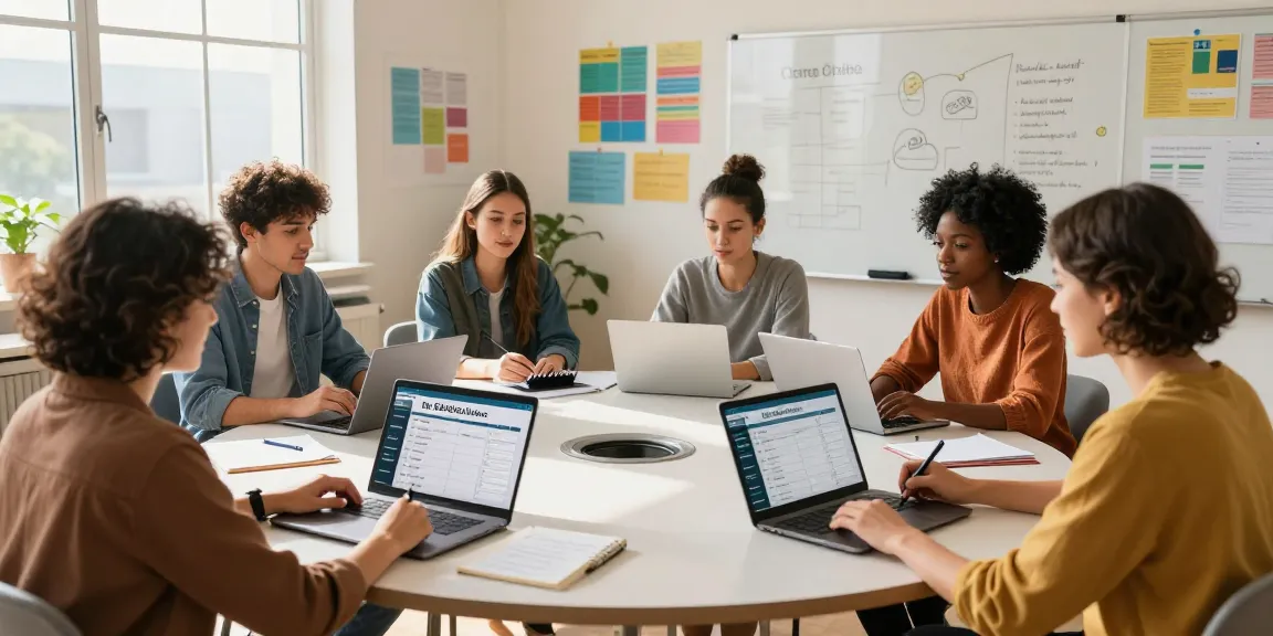 Teachers using EMStudio online teacher planner for collaborative lesson planning in a bright classroom.