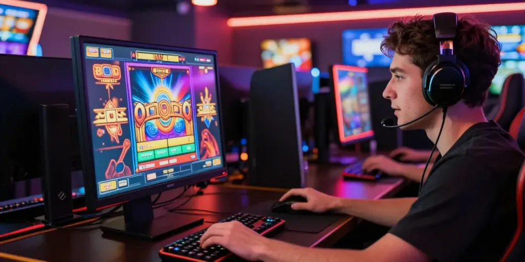 Pengalaman slot online yang menarik dengan pemain terlibat, latar neon cerah, dan antarmuka permainan yang berwarna-warni.