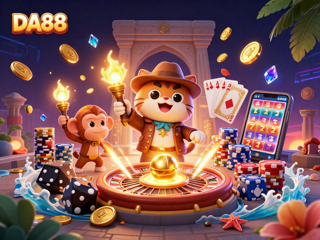 Experience exciting gaming at DA88, featuring a vibrant 3D casino adventure with colorful characters.