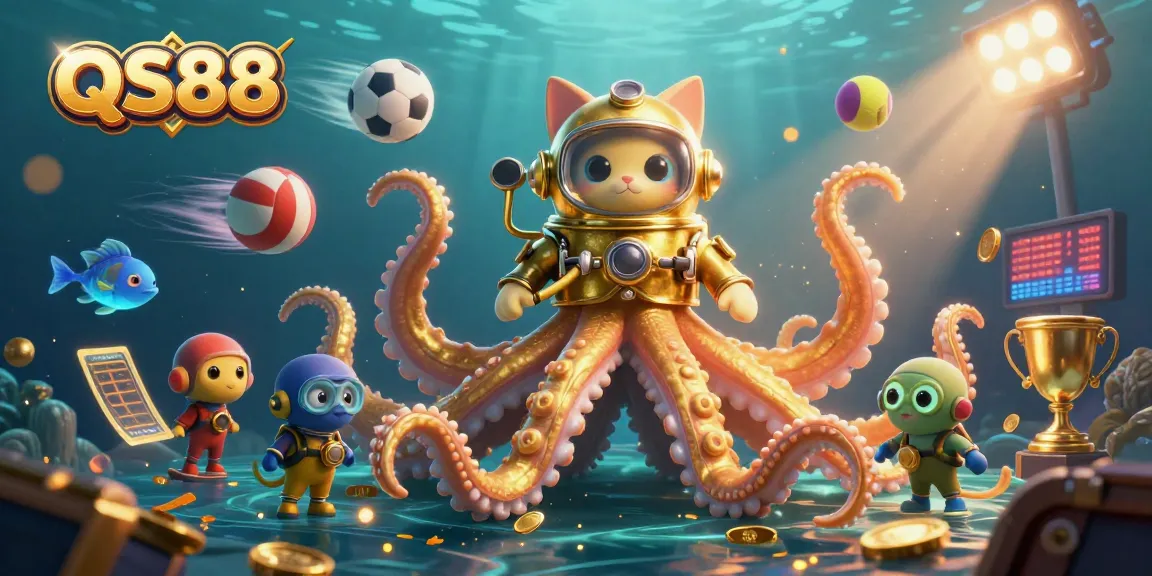 Experience thrilling wins with QS88 in a dynamic underwater casino scene featuring a kraken and diving cat.
