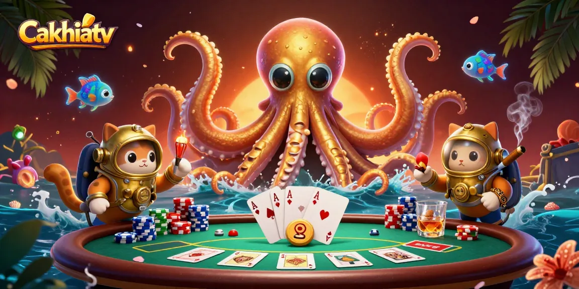 Cakhiatv players enjoy vibrant casino excitement with kraken and diving cat in a rich underwater scene.