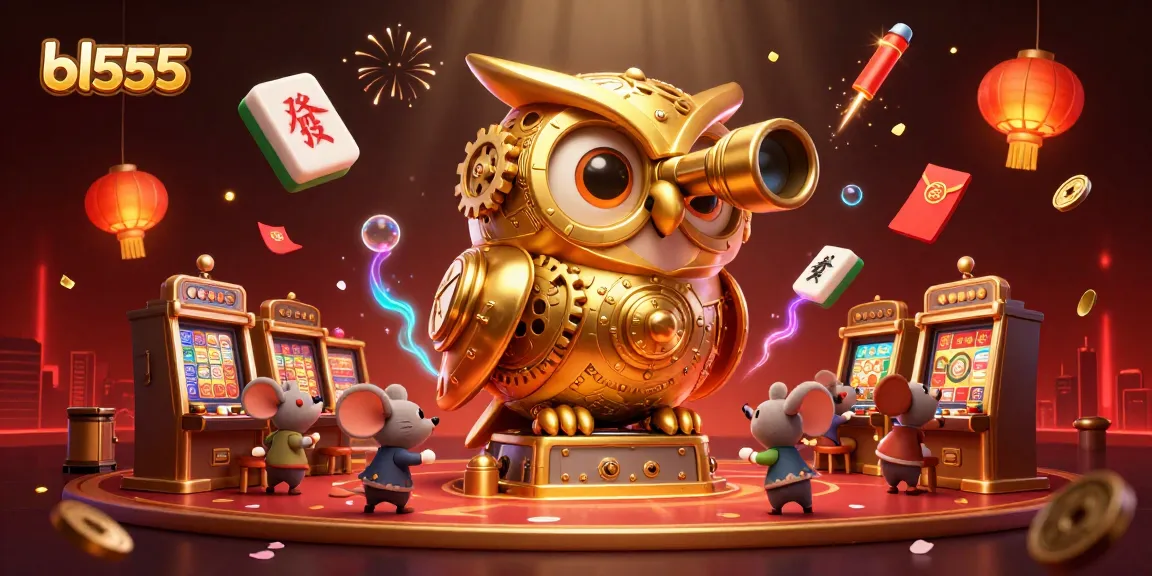 Engage with bl555's exciting casino atmosphere featuring a golden owl and charming mice among vibrant gaming elements.