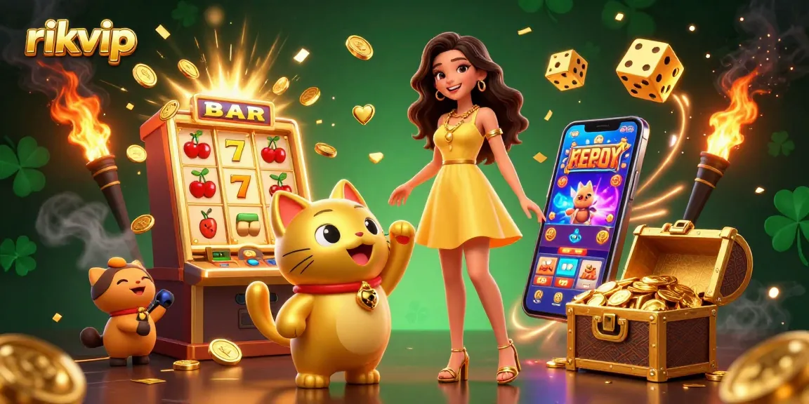 Experience excitement at rikvip with a cheerful woman and a lucky cat amid vibrant casino elements