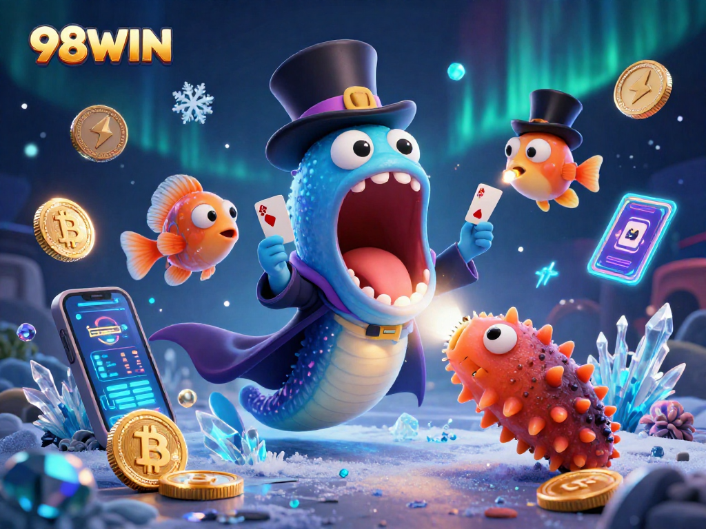 Engage in gaming adventures with 98WIN's exciting underwater casino themed illustration featuring playful sea creatures.