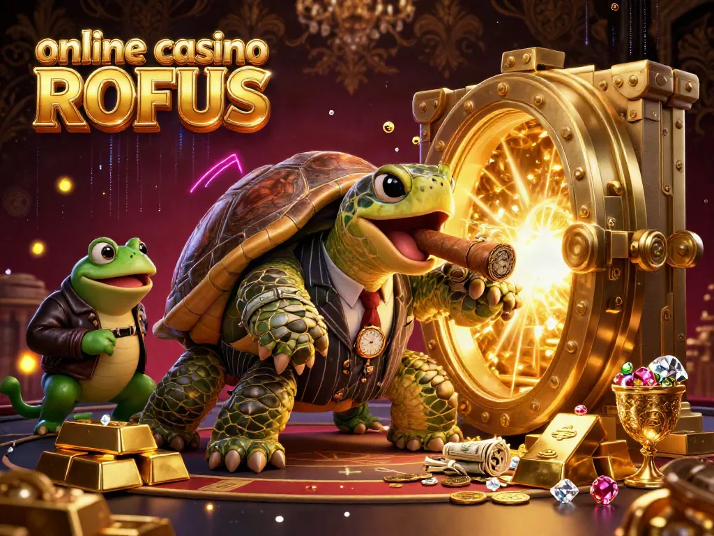 Engage with online casino uden ROFUS in a vibrant scene featuring a turtle mobster and gold treasures.