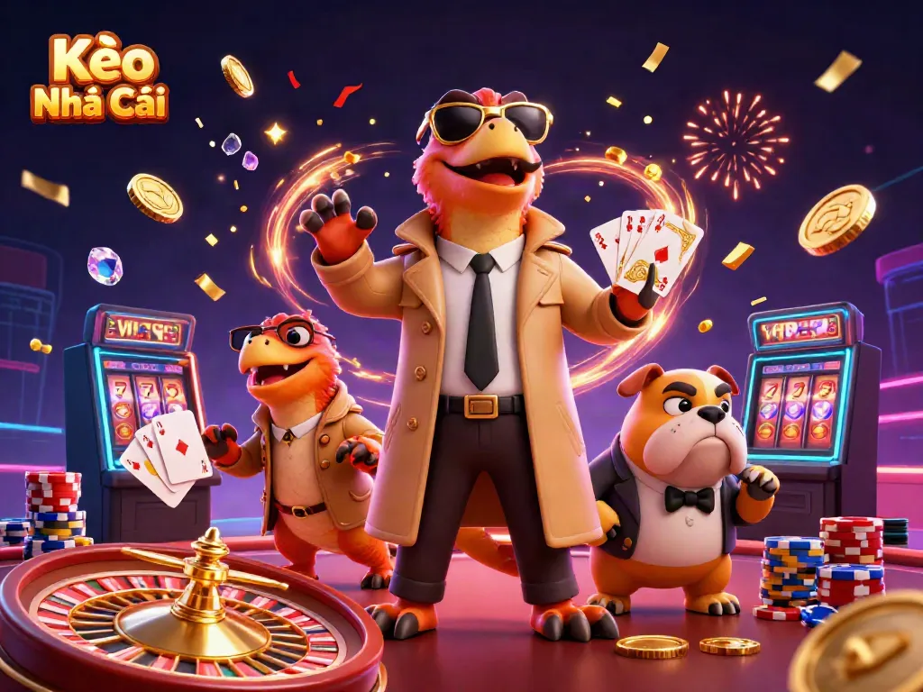 Engage with Kèo Nhà Cái and win big as cartoon raptors sneak into a VIP casino lounge.