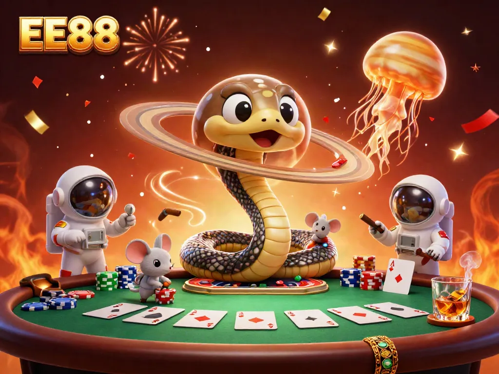 Experience EE88's vibrant online gaming world with a colorful casino illustration.