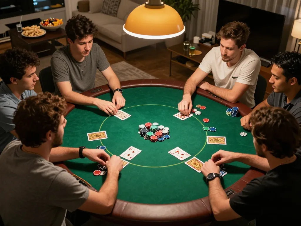Friends enjoy an exciting home poker game with SC88's strategic gameplay atmosphere and cozy setting.