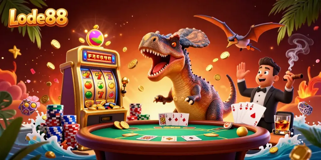 Lode88's vibrant casino scene shows a pachycephalosaurus striking a jackpot slot while an ankylosaur waves in surprise.