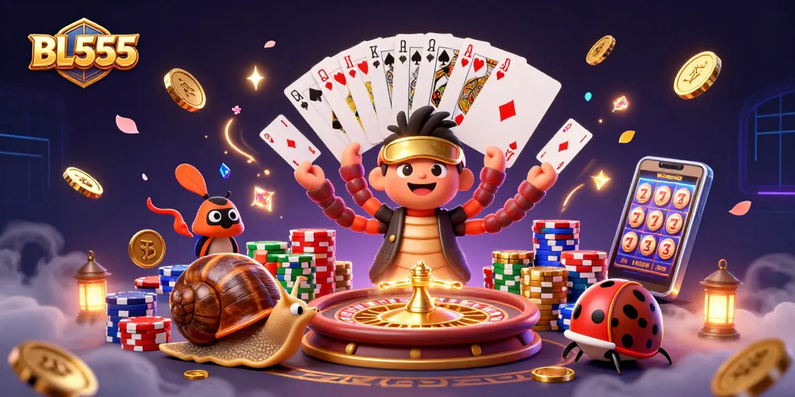 Engage with thrilling gameplay at BL555 with a vibrant 3D illustration of a casino atmosphere.